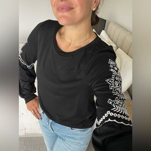 LOFT Black Long Sleeve with White Embroider Detail
